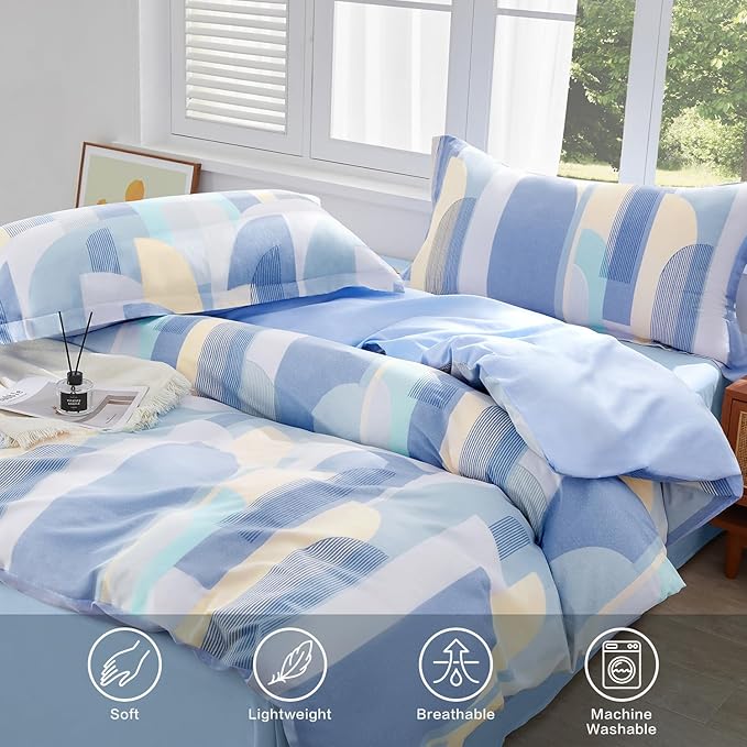 SAPHREAS Blue Geometric Pattern Duvet Cover Set 3pcs Queen Size 100% Cotton Colorful Blocks Bedding Comforter Cover Set 1 Duvet Cover 2 Pillow Cases