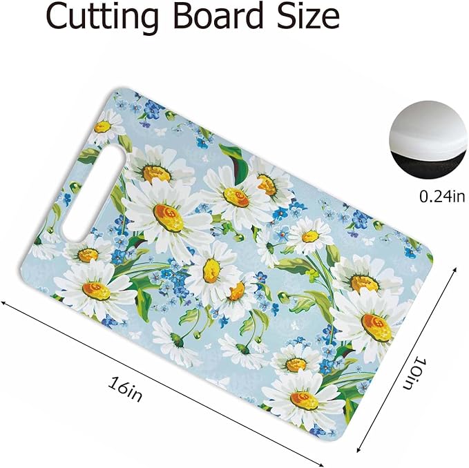 Bright Floral Cutting Board White Blue Flower Chrysanthemum Grip Handle Chopping Boards Cutting Board for Kitchen Plastic 16" x 10" x 0.24"