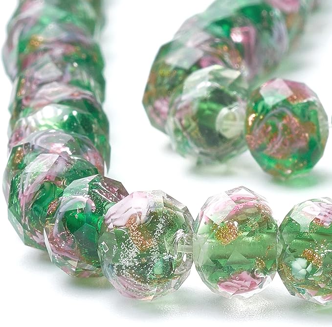 PH PandaHall 70pcs 6~8mm Green Flower Lampwork Glass Beads Rose Glass Beads Gold Sand Lampwork Bead 2mm Hole Handmade Round Loose Bead for Rosary Jewelry Craft Making