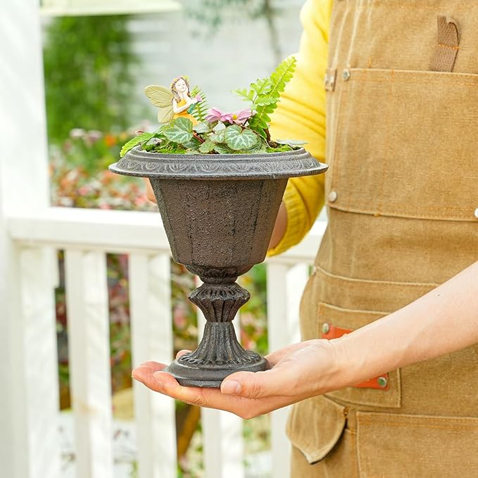 Sungmor Cast Iron Tabletop Flower Vase, Vintage Pretty French Urn Planter Design, 7" Tall 6.6" Wide Decorative Centerpieces Flower Stand Plants Holder, Artificial Flower Arrangements Home Decor