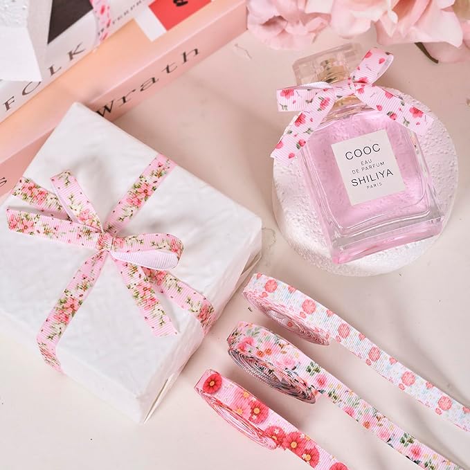 Floral Grosgrain Ribbon, 5 Rolls Flower Pattern Ribbon Spring Summer Fabric Decorative Craft Ribbon Roll for Gift Wrapping Decor Hair Bow Sewing Wreath Crafts (Pink Floral, 3/8 inch X 20Yards)