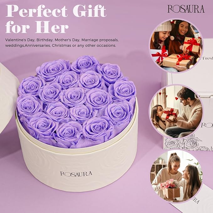 Rosaura Round Preserved Roses Gift Box - Real Forever Flowers for Birthday, Valentine's & Mother's Day (Light Purple, 17 Roses)