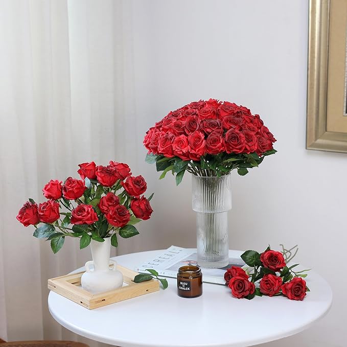 YXZZWL 60 Pcs Artificial Roses in Bulk, Fake Silk Roses Realistic Roses Stem Faux Roses Bouquet for Wedding Centerpieces Flower Arrangement Home Decor (Red)