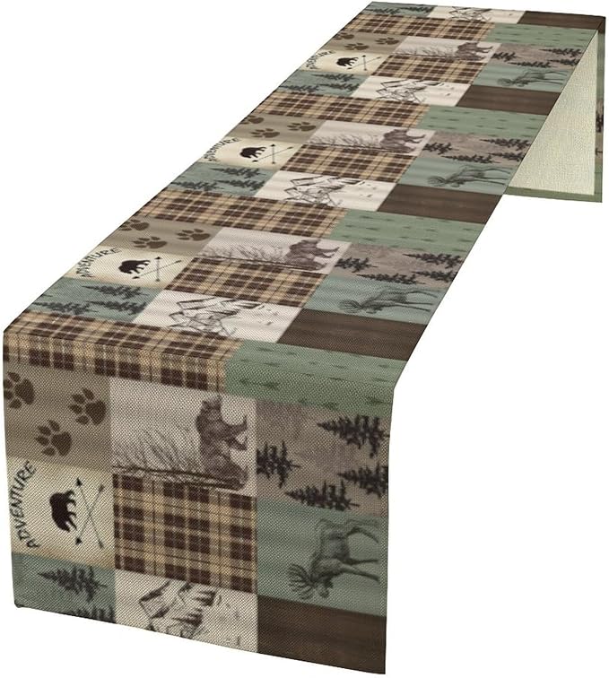 Rustic Moose Deer Bear Table Runner, Retro Vintage Bear Cottage Country Style Cabin Farmhouse Dinner Runner for Home Kitchen Dining Table Decoration 13"x36"