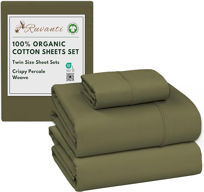 RUVANTI 100% Organic Cotton Sheets Twin Size, Percale Weave, GOTS Certified, 3-Piece Set, Deep Pocket 15", Crisp & Breathable, Soft Durable Bedding, Sábanas Algodón Orgánico – Olive
