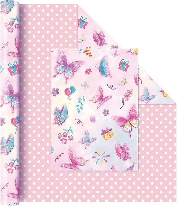 WERNNSAI Butterfly Wrapping Paper Roll - 1 Roll 17” x 33 ft Butterfly Fairy Wrapping Paper Pink Purple Flower Gift Packing for Kids Girls Birthday Baby Shower Bridal Shower Decor Reversible Polka Dot Design