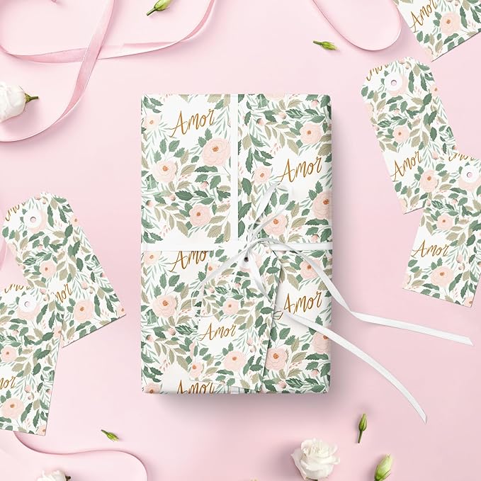 LeZakaa Flower & Love Wrapping Paper Roll, Amor (love in Spanish) Text & Floral Rose Design Gift Wrap for Mother's Day, Wedding, Anniversary, Valentine’S Day, Mini Roll, 17 inches x 16.4 Feet