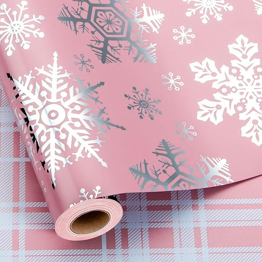 MAYPLUSS Pink Christmas Wrapping Paper, Snowflake Wrapping Paper, Metallic Foil Girly Pastel Snowflake, Plaid Design Christma Gift Wrap for Girl Women Winter Holiday (Mini Roll, 17 Inch X 16.5 Feet)
