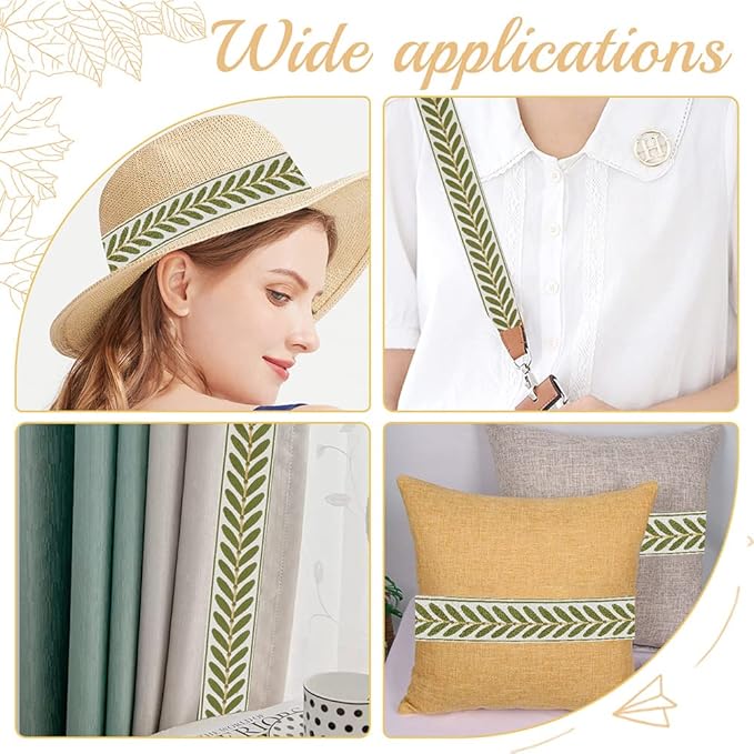 OLYCRAFT 10.9Yards Jacquard Ribbon Trim 2.4 Inch Leaf Pattern Jacquard Polyester Ribbons White Green Leaf Jacquard Woven Embroidery Trim for DIY Sewing Crafts Handmade Bag Belts Clothing Decoration