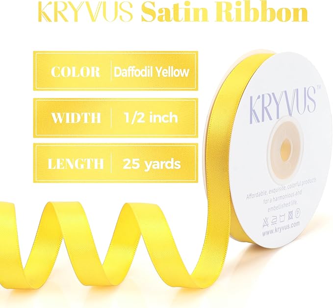 Daffodil Yellow Satin Ribbon, Double Faced 1/2 Inch X 25 Yards Daffodil Ribbon, Premium Satin Ribbon for Gift Wrapping, Crafts, Hair Bow Making, Sewing, Flower Bouquet, Wedding Party Decor