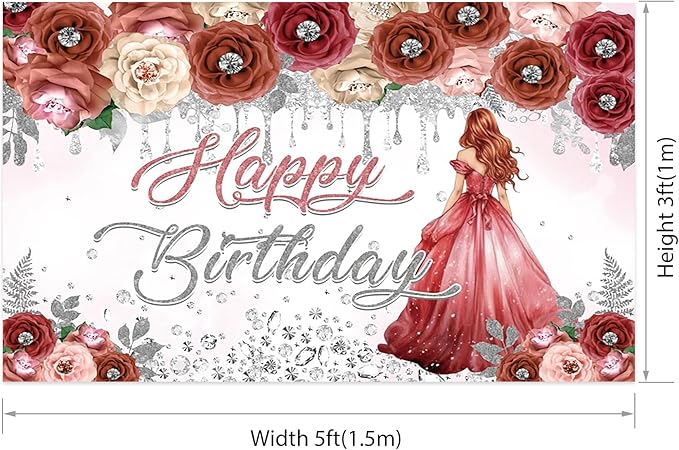 AOFOTO Happy Birthday Backdrop Red Beige Pink Rose Floral Diamond Print Photography Background for Women Girls Birthday Party Banner Home Wall Decor Photo Studio Booth Props 5x3ft
