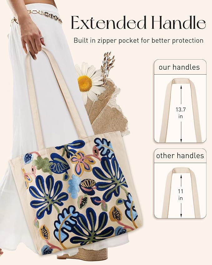 Aesthetic Embroidery Tote Bag for Women - Reusable Canvas Cute Shoulder Bag for Shopping, Grocery, Work, Book
