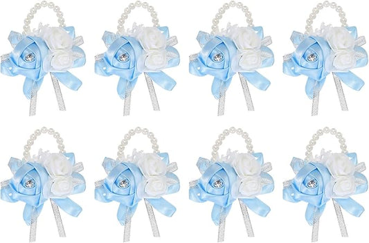 MECCANIXITY 8Pcs Wrist Corsage Artificial Flower Bracelets Rose Wrist Bride Groom Decorative for Wedding Ceremony Prom Party Anniversary Sky Blue