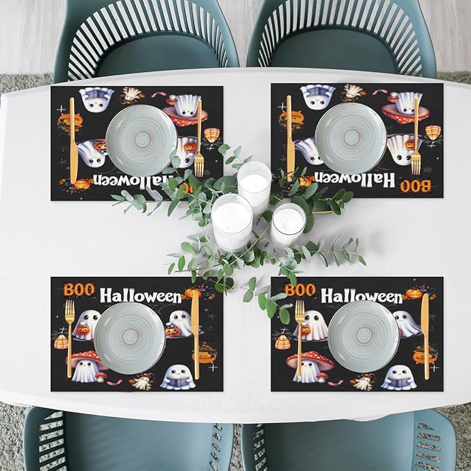 Halloween Ghosts Pumpkin Cute Placemats Set of 6 PVC Vinyl Non Slip Table Mats Heat Resistant Place Mats Washable Wipeable Dining Table Mat for Kitchen Decor Party Indoor Outdoor Decorative Gift