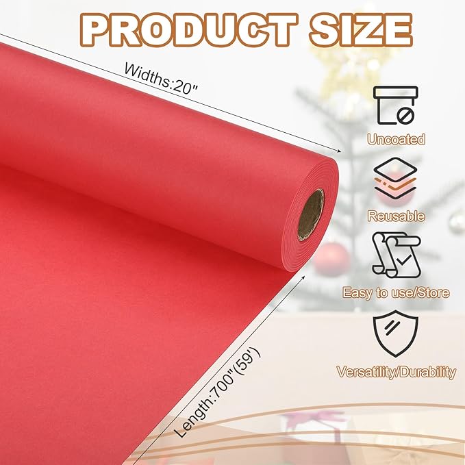 PATIKIL Wrapping Paper, 20" x 700"(59') 70 GSM Craft Paper Roll Kraft Packing Paper for Poster Bulletin Board, Gift Wrapping, Bright Red