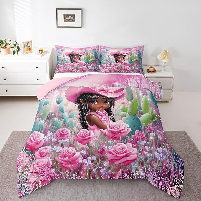 Pink Cowgirl Comforter Set Twin Size,Reversible Southwest African Style Black Bedding Set for Kids Boys Men,Western Floral Desert Cactus Sparkling Quilted Duvet Set with 1 Pillowcase