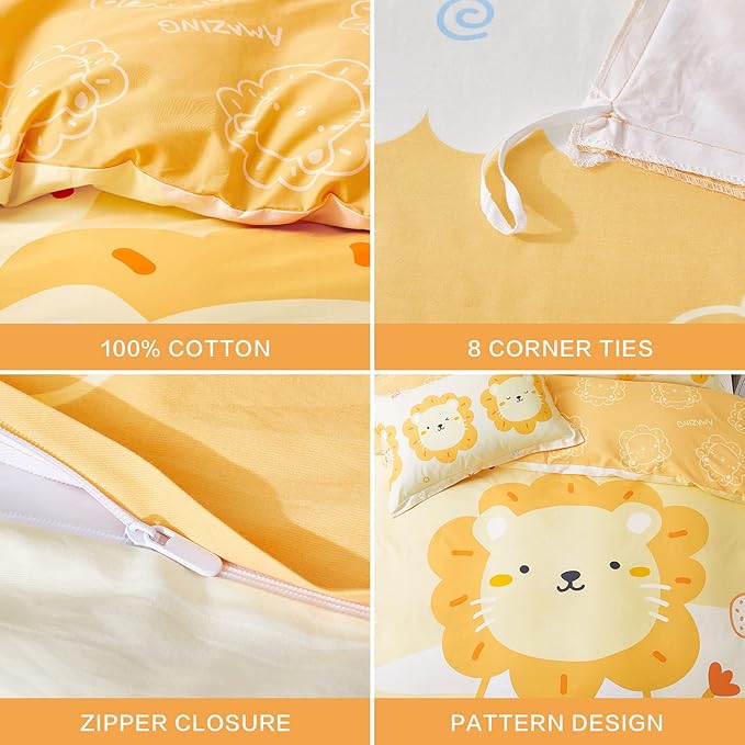 SAPHREAS Cartoon Lion Printed Kids Duvet Cover Set 4pcs with Fitted Sheet Queen Size Yellow Animal Pattern Cotton Children Comforter Cover Set, Comforter Not Included