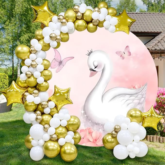 AOFOTO Swan Round Backdrop Pink Floral Butterfly Print Photography Background for Baby Shower Women Newborn Girls Birthday Party Banner Home Wall Decor Photo Studio Booth Props 4.1x4.1ft