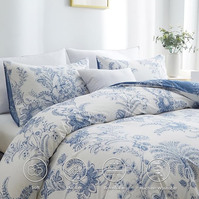 Nayoroom Floral Duvet Cover Set King Size Cottagecore White Blue Flower Leaf Comforter Cover 3Pcs Soft Breathable Microfiber Pastoral Garden Aesthetic Bedding Set with Zipper Closure