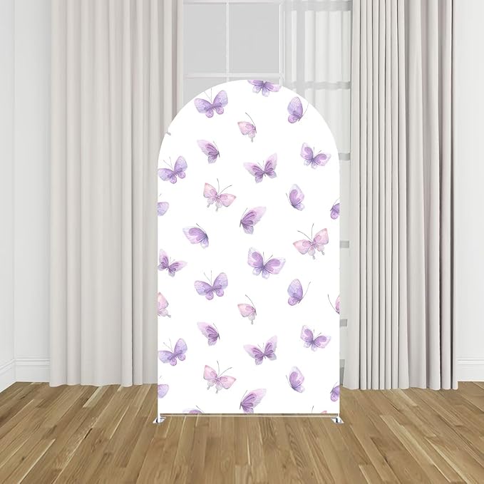 KONPON Purple Butterfly Arched Backdrop Fabric Cover Spring Arch Cover for Girls Birthday Baby Shower Decoration Supplies (No Stand!)