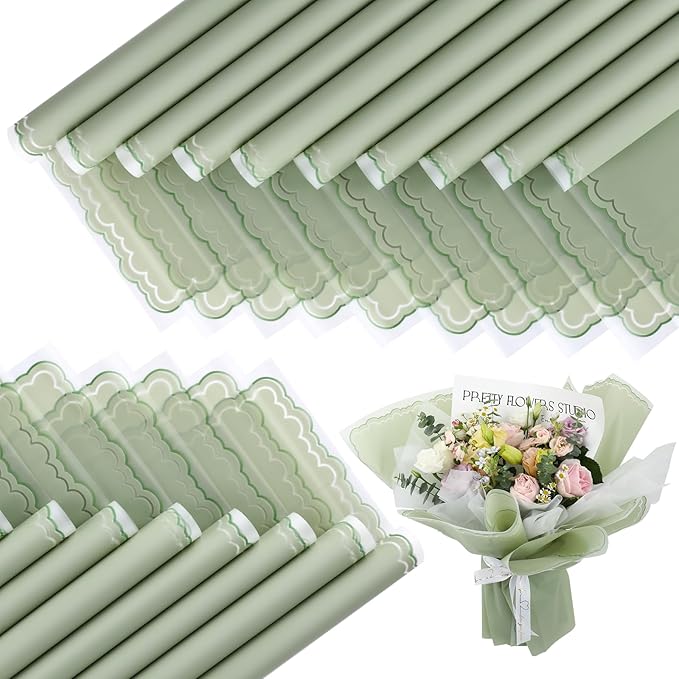 FUHITIM 20 Sheets Flower Wrapping Paper - Waterproof Floral Bouquet Wrapping Paper, Florist Supplies Packaging Paper for Wedding Birthday Gift DIY Crafts (Green)