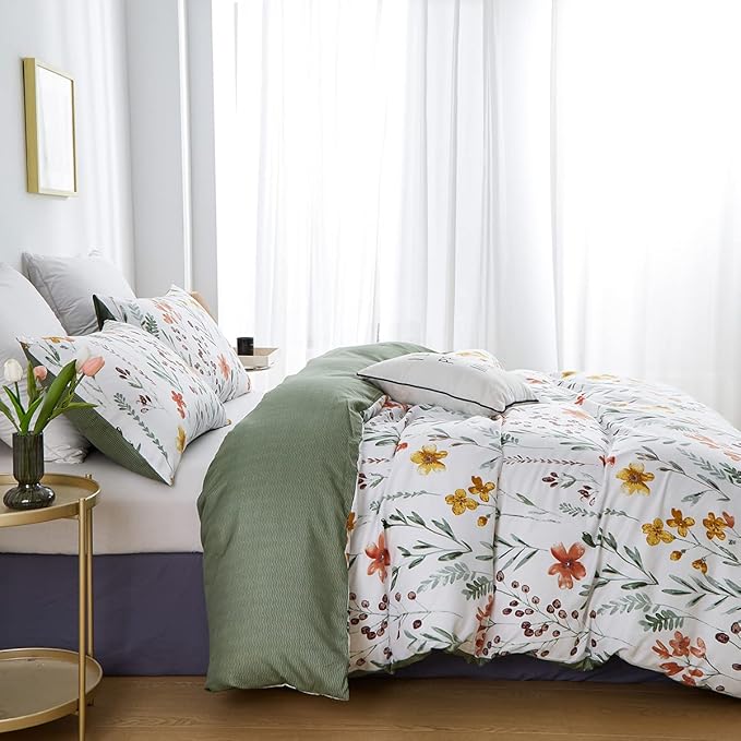 Nayoroom White Floral Duvet Cover King Size Green Botanical Leaf Yellow Flowers Printed Reversible Striped Bedding Set 3 Pieces Soft Microfiber Garden Style Comforter Cover with Zipper Ties