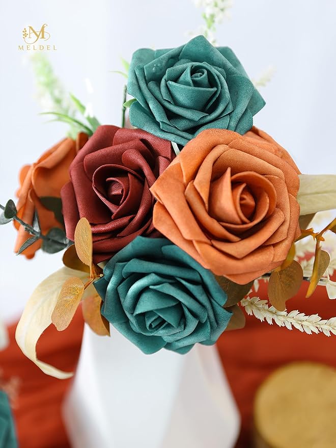 Meldel Artificial Flowers 50pcs Real Looking Peacock Green Foam Fake Roses with Stems for DIY Wedding Bouquets Bridal Shower Centerpieces Floral Arrangements Home Decorations Bulk Crafts Rose