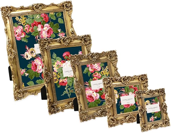 Laura Ashley 4x6 Gold Ornate Textured Hand-Crafted Resin Picture Frame with Easel & Hook for Tabletop & Wall Display, Decorative Floral Design Home Decor, Photo Gallery, Art, More (4x6, Gold)