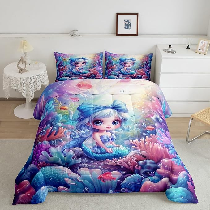 Cute Mermaid Comforter Set King Size,Beautiful Mermaid Fairy Tale Reversible Bedding Set All Season Quilt Set,Watercolor Coral Cartoon Undersea World Microfiber Polyester Down Comforter