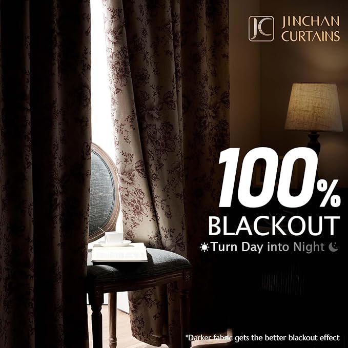jinchan Blackout Floral Curtains Linen Blend Curtain for Living Room 90 Inch Length Christmas Brick Red Flower Printed Drapes for Bedroom Rod Pocket Back Tab Farmhouse Curtains Set 2 Panels