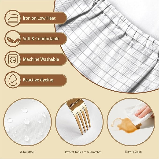 Rectangle Table Cloth Cover Waterproof Elastic Fitted Polyester Fitted Tablecloths for 8 Foot Tables for Indoor,Picnic, Camping, Outdoor （96" x 30"，White Grid）