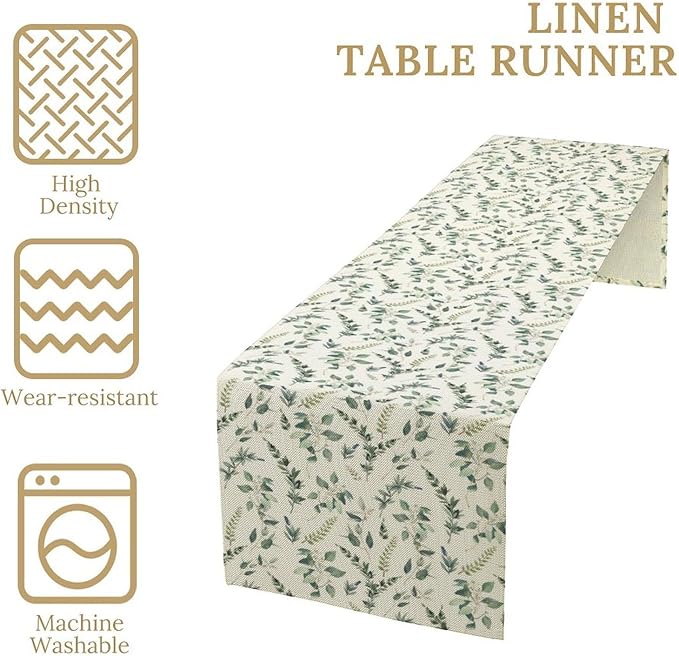 Watercolor Leaf Table Runner, Green Botanical Leaves Nature Decor Table Runner for Kitchen Dining Party Picnic Decoration, 13x108 Inch