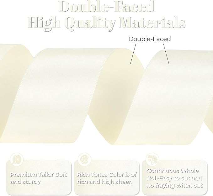 Ivory Satin Ribbon, Double Faced 2 Inch X 50 Yards Ivory Ribbon, Premium Satin Ribbon for Gift Wrapping, Crafts, Hair Bow Making, Sewing, Flower Bouquet, Wedding Party Decor