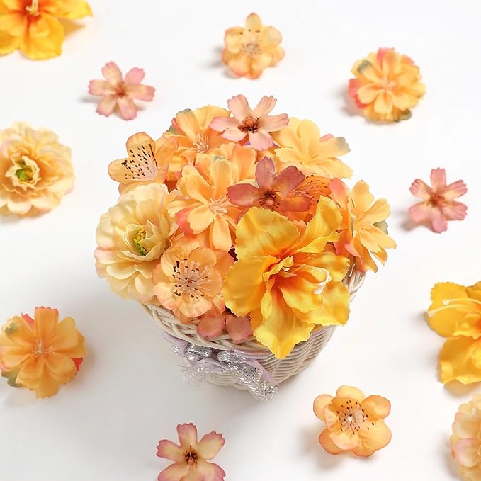 210Pcs Mini Fall Fake Flower Heads Orange Small Silk Faux Flower Heads Artificial Rose Daisy Multicolor Flowers Bulk for Cake Crafts DIY Graduation Cap Wedding Hair Dresses Wreath Party Home Decor