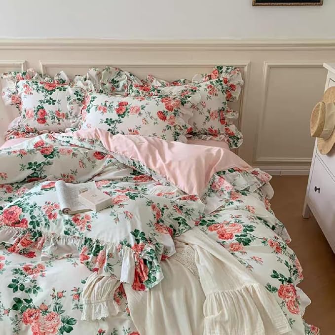 LifeTB Pink Flower Ruffle Comforter Set Full Size Vintage Floral Botanical Comforter Romantic Ruffle Lace Cottagecore Bedding Set Lightweight Fluffy Aesthetic Flowers Comforter Set with 2 Pillowcases