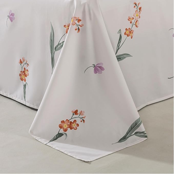 FADFAY Orange Vintage Orchid Floral King Size Sheets Set 100% Brushed Cotton Shabby Purple Tulip Pattern Bedding Set Deep Pocket Sheets with 2 Pillowcases Luxury Breathable Soft 4pcs, King Size