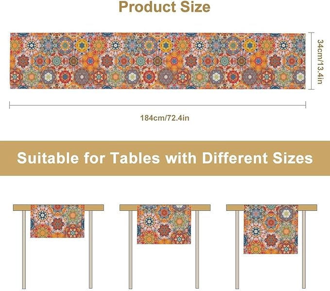 Boho Table Runner, Orange Geometric Mandala Flower Fall Farmhouse Decor Table Runner for Kitchen Dining Party Home Decoration, 13x60 Inch