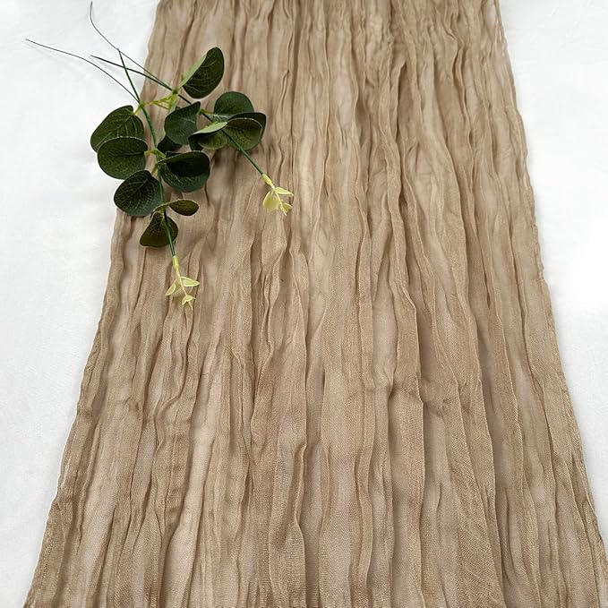Booque Valley Nude Cheesecloth Table Runner 120 Inch 10ft Super Soft Boho Wrinkled Gauze Sheer Cloth for Baby Shower Birthday Bridal Shower Wedding Centerpiece Table Decoration, 1 Pack , Tan