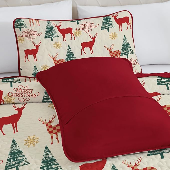 Dinjoy Red Beige Quilt Set King Size,Christmas Quilt Bedding Set Soft Bedspreads with 2 Pillowshams Lightweight Snowflake Xmas Gifts Wildlife Bed Coverlet for Kids Teens Adults 90" x 104"