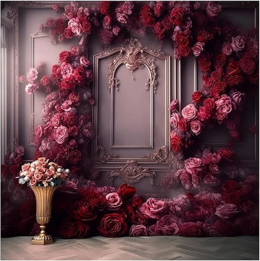 Kate 6.5x6.5ft Pink Red Rose Flowers Decoration Photography Backdrops Modern Interior European Style Wall Photo Background Wedding Portrait Backdrop Shooting