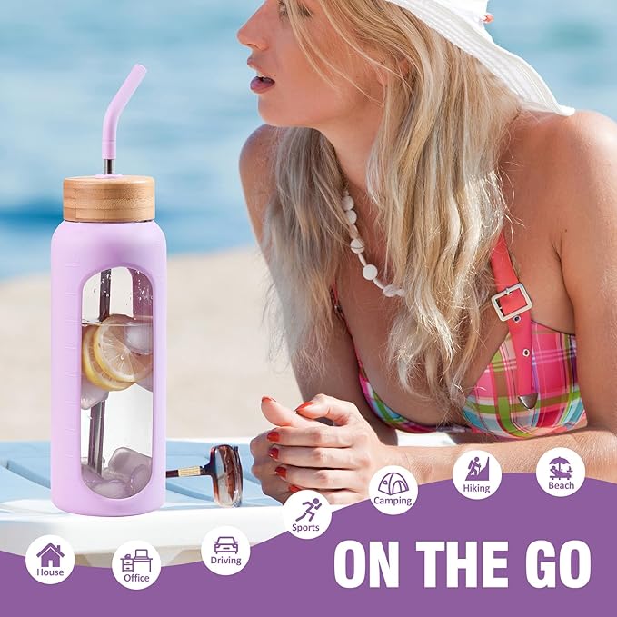 32 oz Glass Water Bottle, 1 Liter Glass Tumbler with Straw, Reusable Drinking Bottles with 2 Lids-Handle Lid&Bamboo Straw Lid, Silicone Sleeve, for Sports, Home,1 Pack-Purple