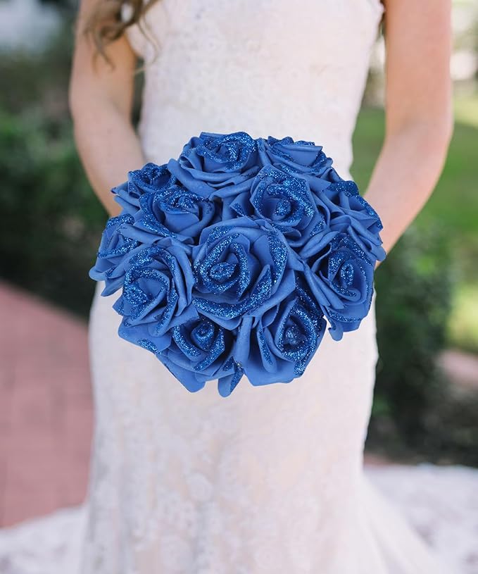 100pcs Royal Blue Glitter Roses 2.56" Foam Roses Glitter Flowers Blue Fake Roses Royal Blue Roses Artificial Flowers for Bridal Shower Centerpieces DIY Wedding Flower Arrangements (Royal Blue)