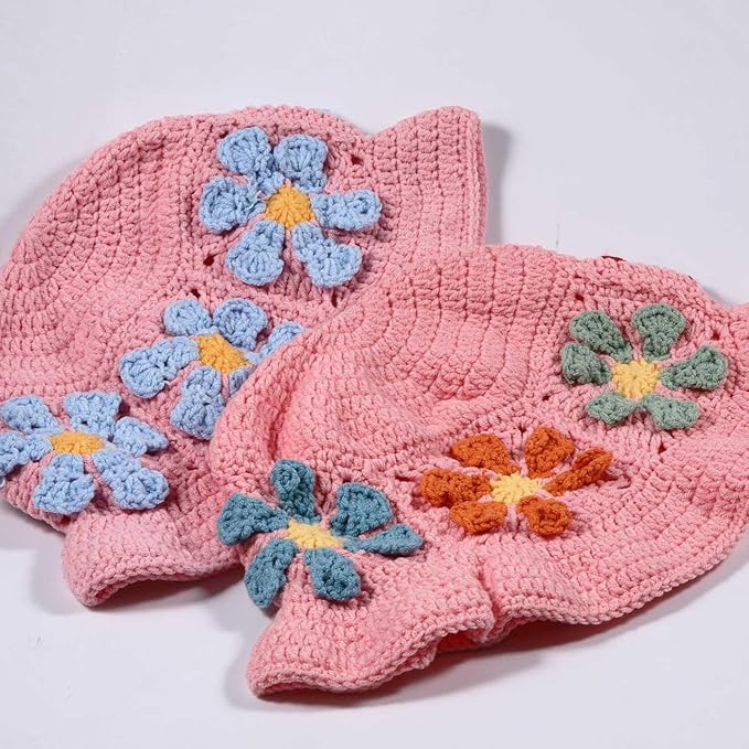 Crochet Bucket Hat for Women Flower Knit Hat Hollow Out Foldable Cap Hats