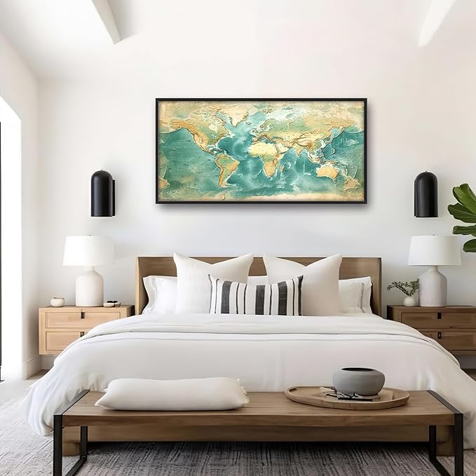 World Map Large Wall Art Framed Wall Decor for Living Room, Map Pictures Oversized Canvas Print Painting Modern Extra Large Framed Artwork for Bedroom Office Home Decor 60"x30"