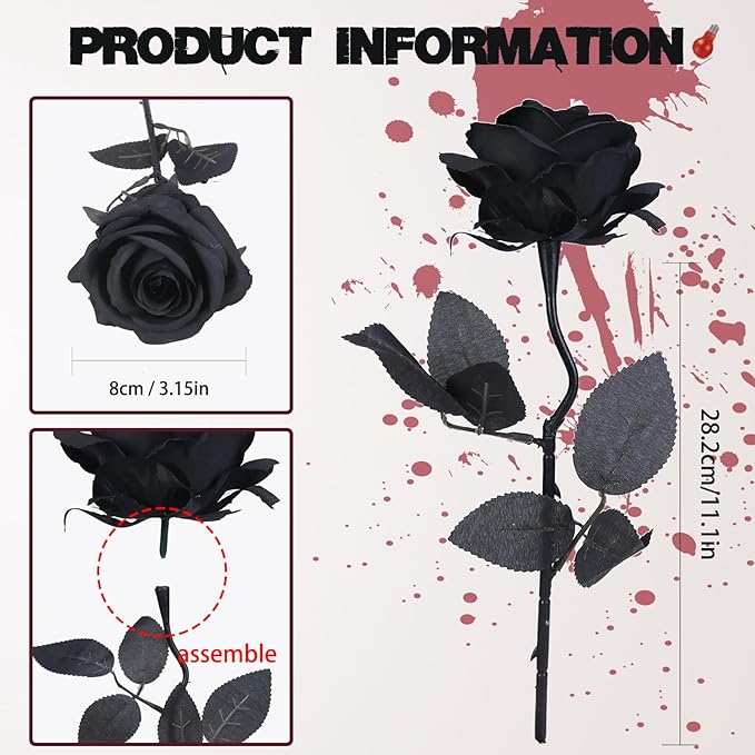 Felice Arts 12 Pack Black Roses Artificial Flowers with Black Stems Silk Roses Fake Flowers Bouquet for Halloween Centerpiece Table Vase Home Inddor Kitchen Party DIY Decor