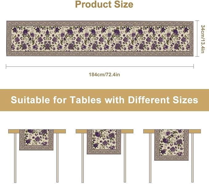 Vintage Floral Table Runner, Elegant Purple Flowers Retro Design Table Runner for Kitchen Dining Holiday Party Decoration, 13x60 Inch