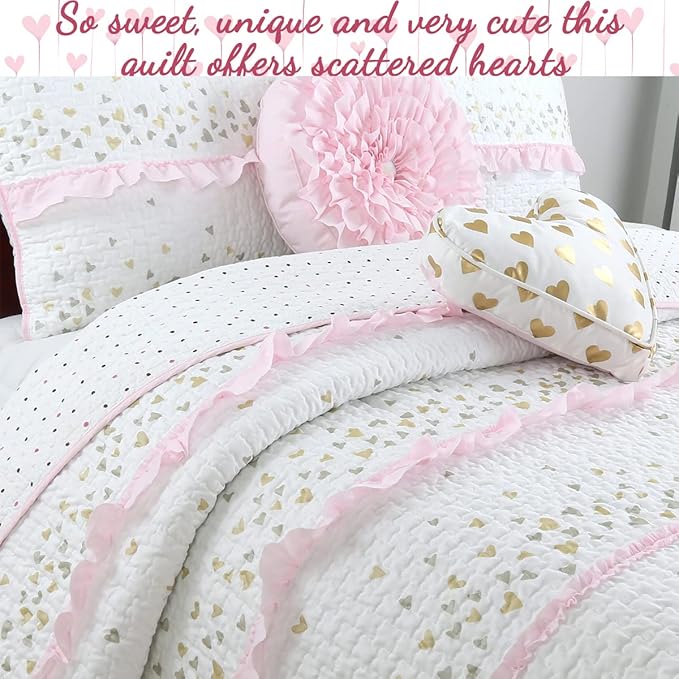 Cozy Line Home Fashions Pink Ruffle Metallic Printed Hearts Girl Cotton Reversible Quilt Bedding Set, Coverlet, Bedspreads (Sparkling Hearts, Queen - 3 Piece: 1 Quilt + 2 Shams)