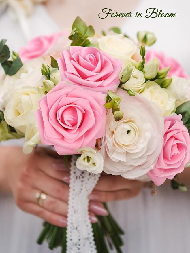 MACTING Artificial Flowers 30PCS Pink Fake Flowers with Stem Real Touch Soft Foam Roses for Valentines Day Gifts Wedding Bouquet Table Centerpieces Party Bridal Shower Birthday Home Spring Decorations