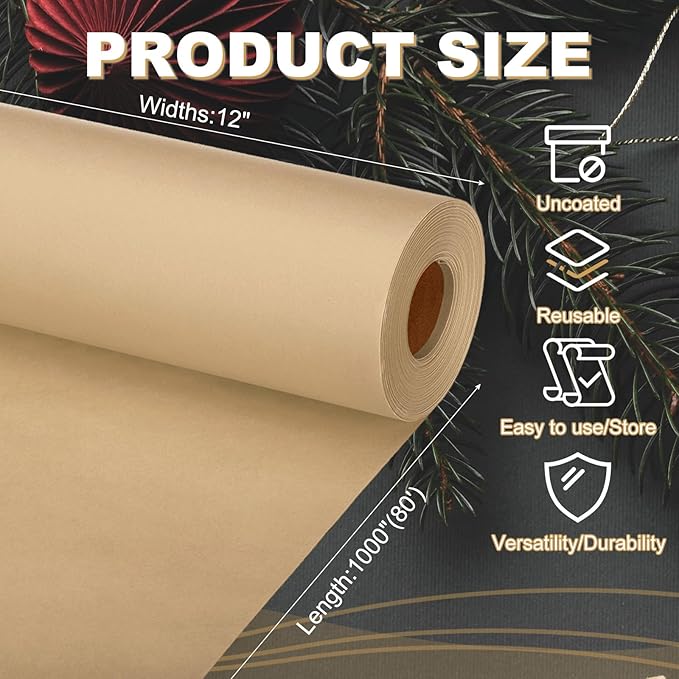 PATIKIL Wrapping Paper, 12"x1000"(80') Bulletin Board Paper Roll Kraft Paper Roll Construction 80GSM for Shipping Packing Gift Wrapping Craft Flower Bouquet Christmas, Brown
