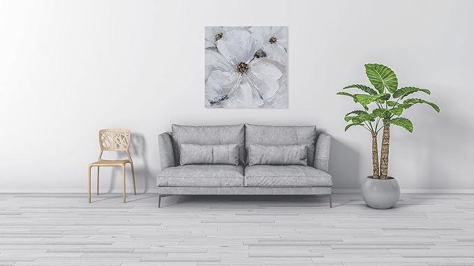 SYGALLERIER Abstract Flower Wall Art - Gray and White Floral Oil Painting with Gold Foil Embellishments - Handmade Canvas Wall Art 40x40 Inch